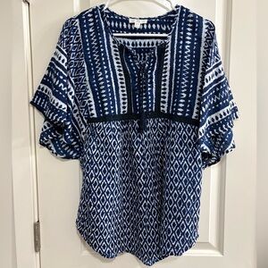 Flowy & Free Batwing Sleeved Blue Patterned Women's Blouse